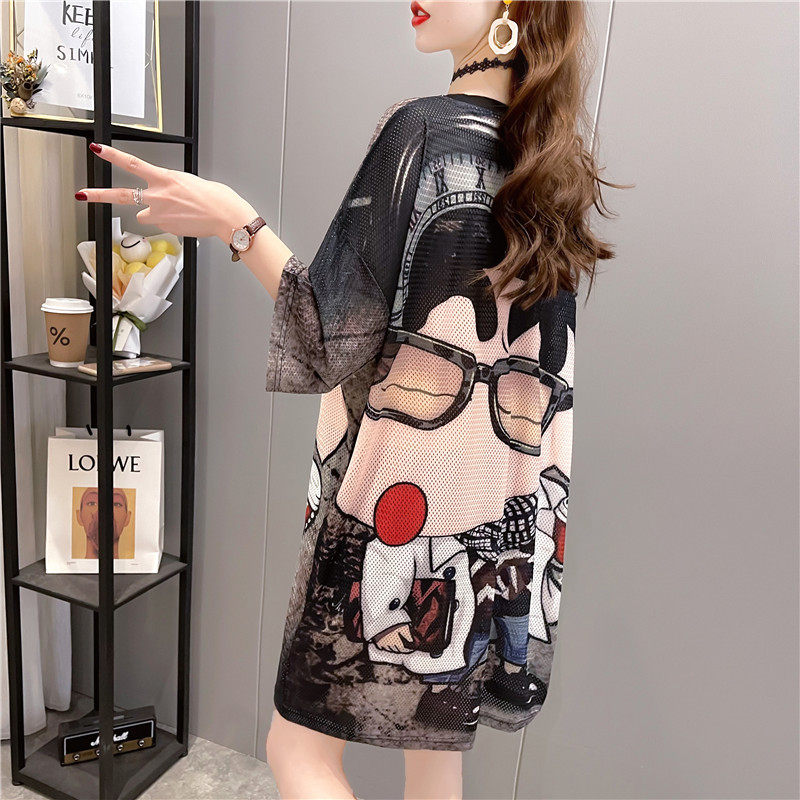 3睡衣女丝绸夏季新款中长款宽松大码卡通睡裙短袖冰丝镂空家居服女