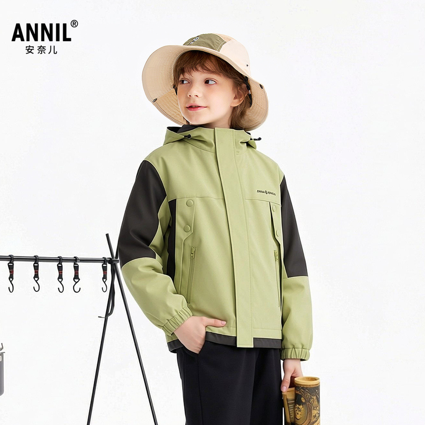安奈儿童装2026春新款休闲运动双层上衣男童女童带帽夹克风衣外套