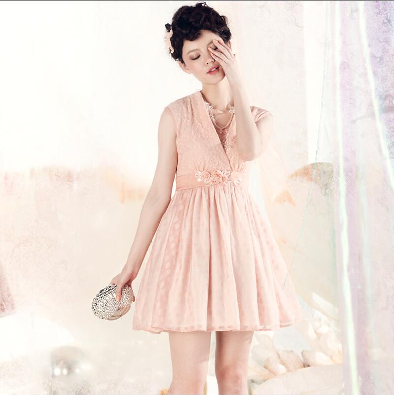 拿美南梦2013夏装女装新款蕾丝拼接高腰修身连衣裙A3K103 粉色M