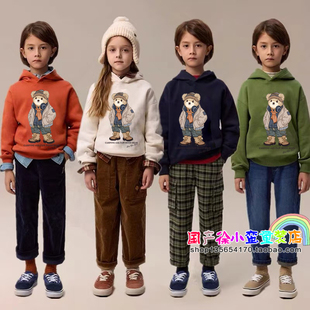 2025秋冬男童女童小熊休闲经典 连帽加绒运动卫衣儿童四色百搭上衣