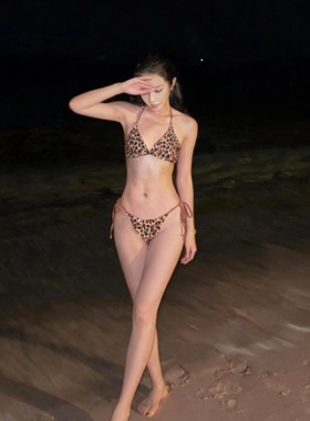 欧美豹纹比基尼性感分体泳衣女士性感聚拢纯欲海边沙滩温泉游泳衣