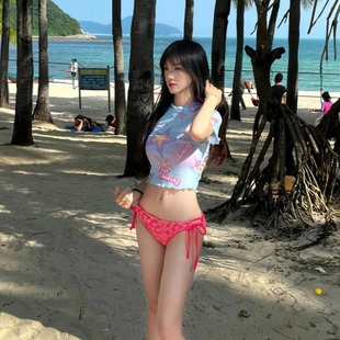 芭比粉比基尼帶罩衫 游泳裝 美式 甜心海邊度假 分體泳衣女夏三件套裝