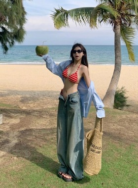 红色条纹三点式比基尼分体泳衣女士显白小胸聚拢海边沙滩温泉度假