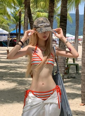 条纹撞色比基尼分体泳衣女士显白三点式性感聚拢海边沙滩温泉度假