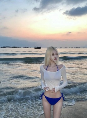 蓝色比基尼三点式分体泳衣女款显白小胸聚拢带防晒罩衫三件套泳装