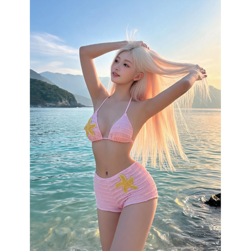 粉色平角比基尼分体泳衣女士保守欧美性感聚拢海边沙滩泡温泉度假