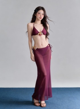 紫色绑带分体裙式比基尼三件套分体泳衣长裙御姐女神温泉沙滩度假