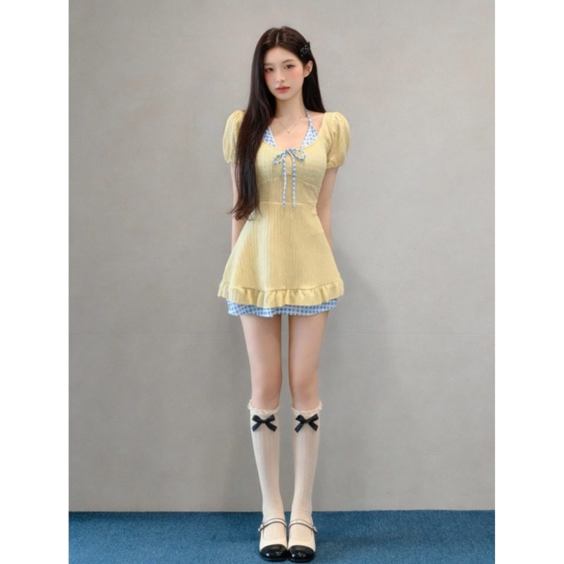 微胖女孩大码裙式连体泳衣少女感保守日系学生党泳装海边温泉度假