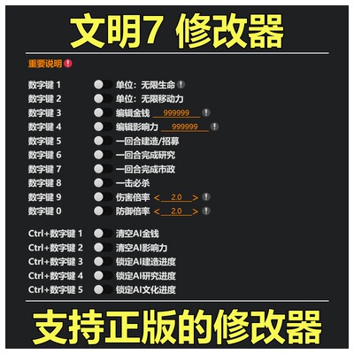 10月更新 非游戏 支持steam正版 文明7 修改器 可包更新