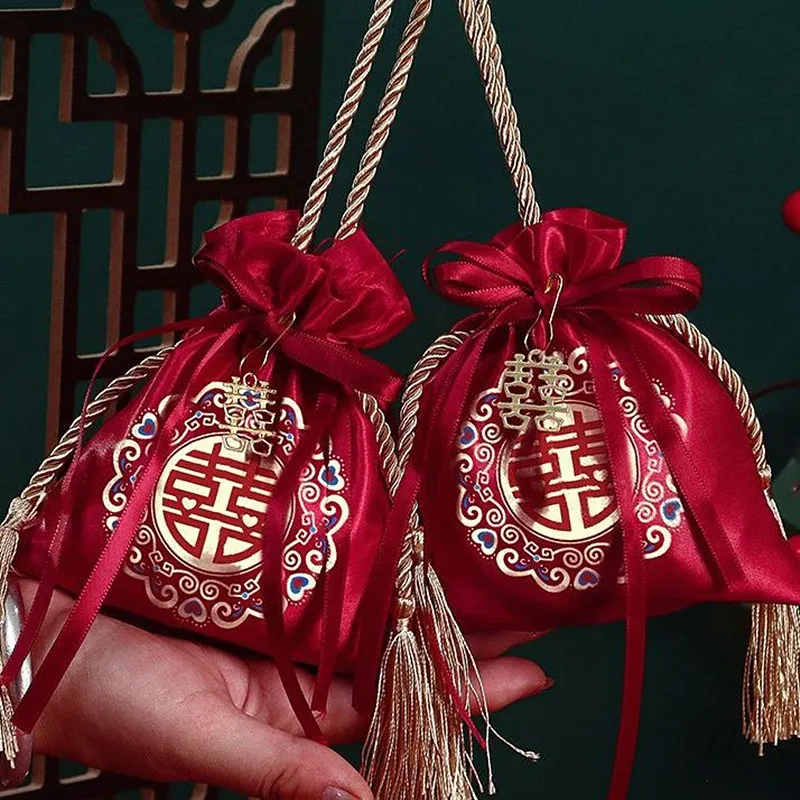 手提抽绳喜糖袋子糖果礼袋婚庆伴手礼糖盒手提式束口高级结婚布袋