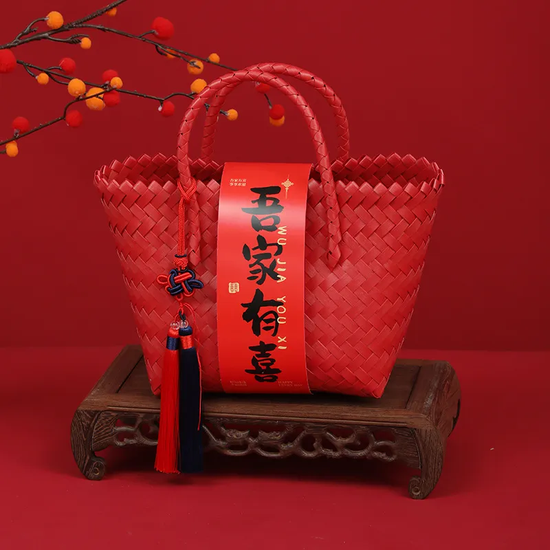 纯红色喜事篮子喜庆编织手提包