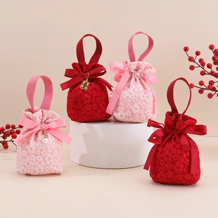 结婚喜糖盒手提抽绳喜糖袋免折叠伴手礼袋高级感浮雕小花创意中式