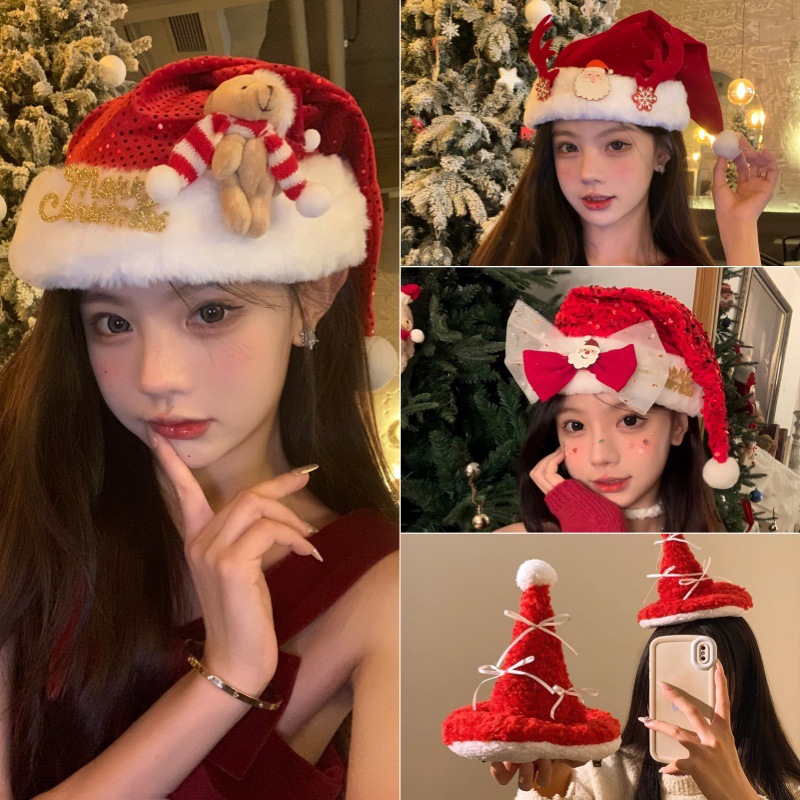 圣诞节帽子红色毛绒蝴蝶结圣诞帽