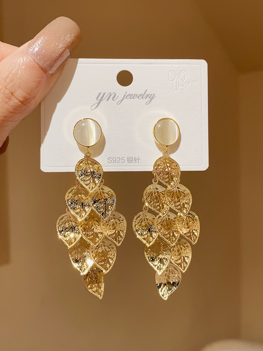金色镂空树叶流苏耳环女气质小众圆形猫眼石气质网红长款金属耳饰