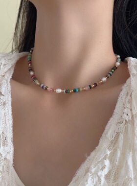 天然石珍珠彩色琉璃多巴胺颈链