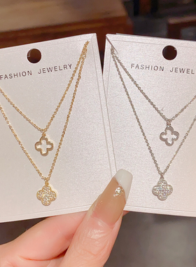 时尚镂空锆石双层四叶花朵项链女