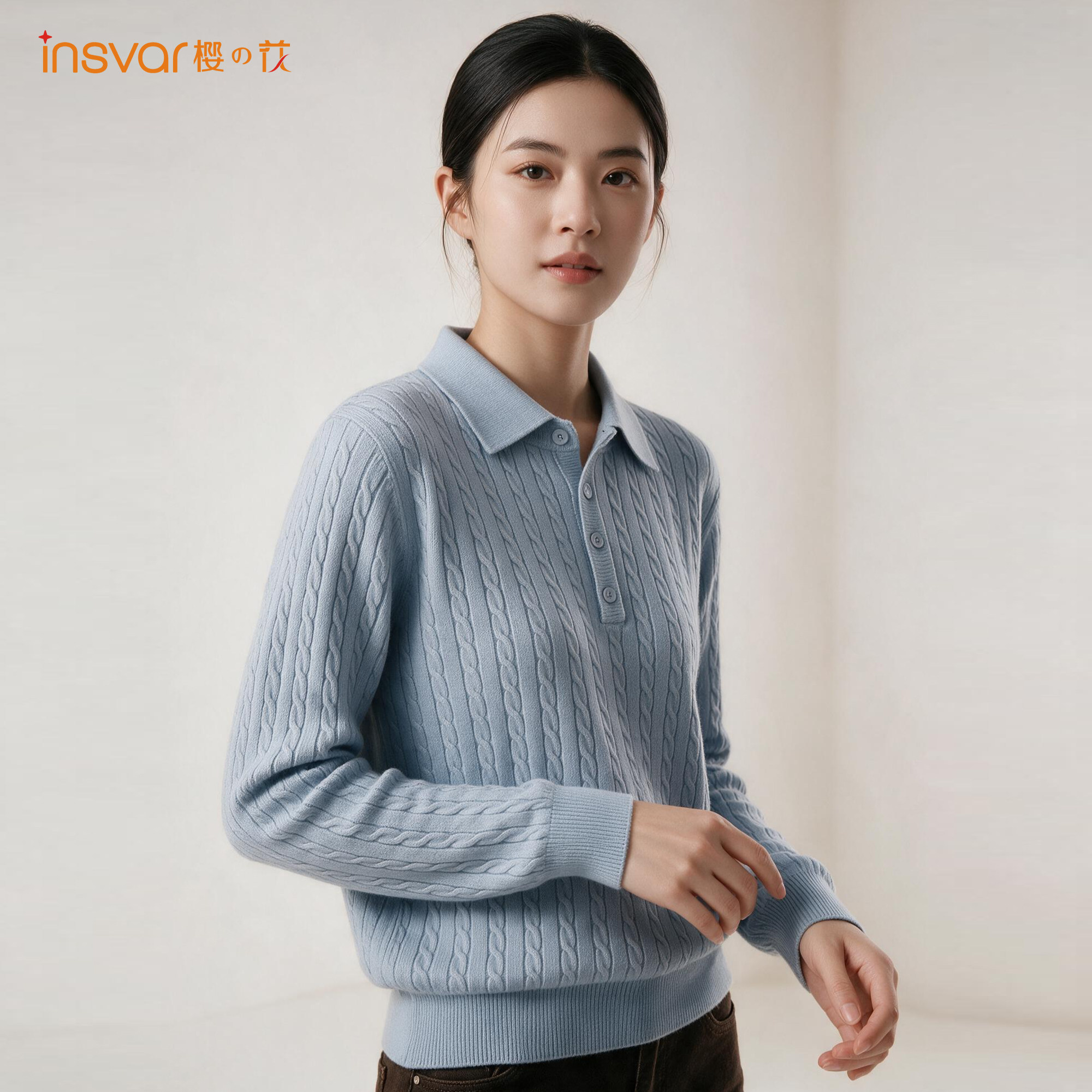 INSVAR老钱风POLO领麻花毛衣女