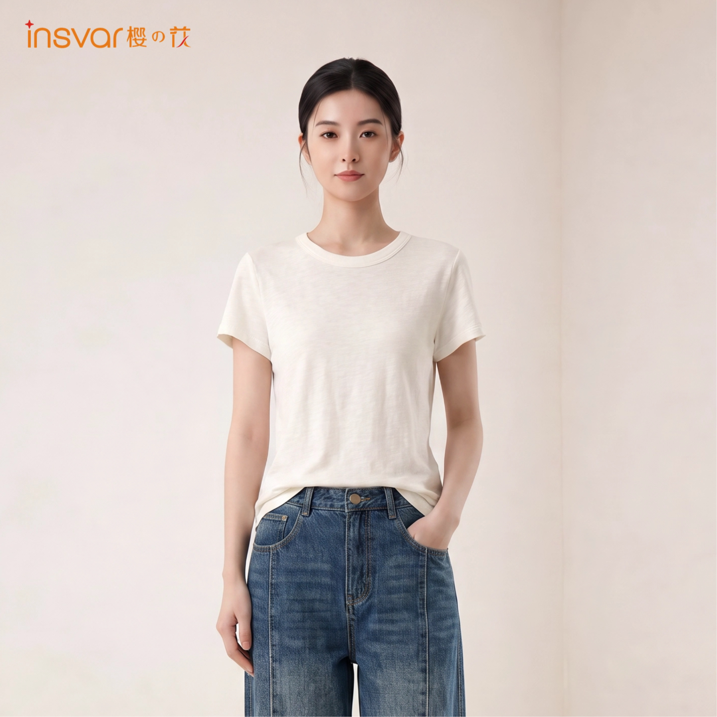 INSVAR白色圆领短袖宽松T恤女