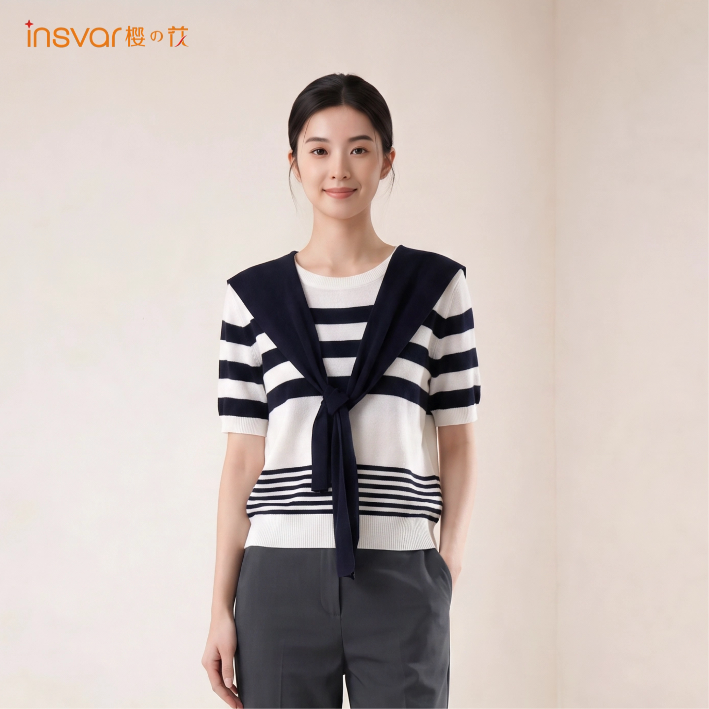 INSVAR海军风条纹针织衫女披肩