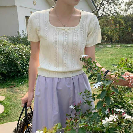 樱之花淑女坊法式正肩短袖t恤女夏季薄款设计感小众泡泡袖上衣潮