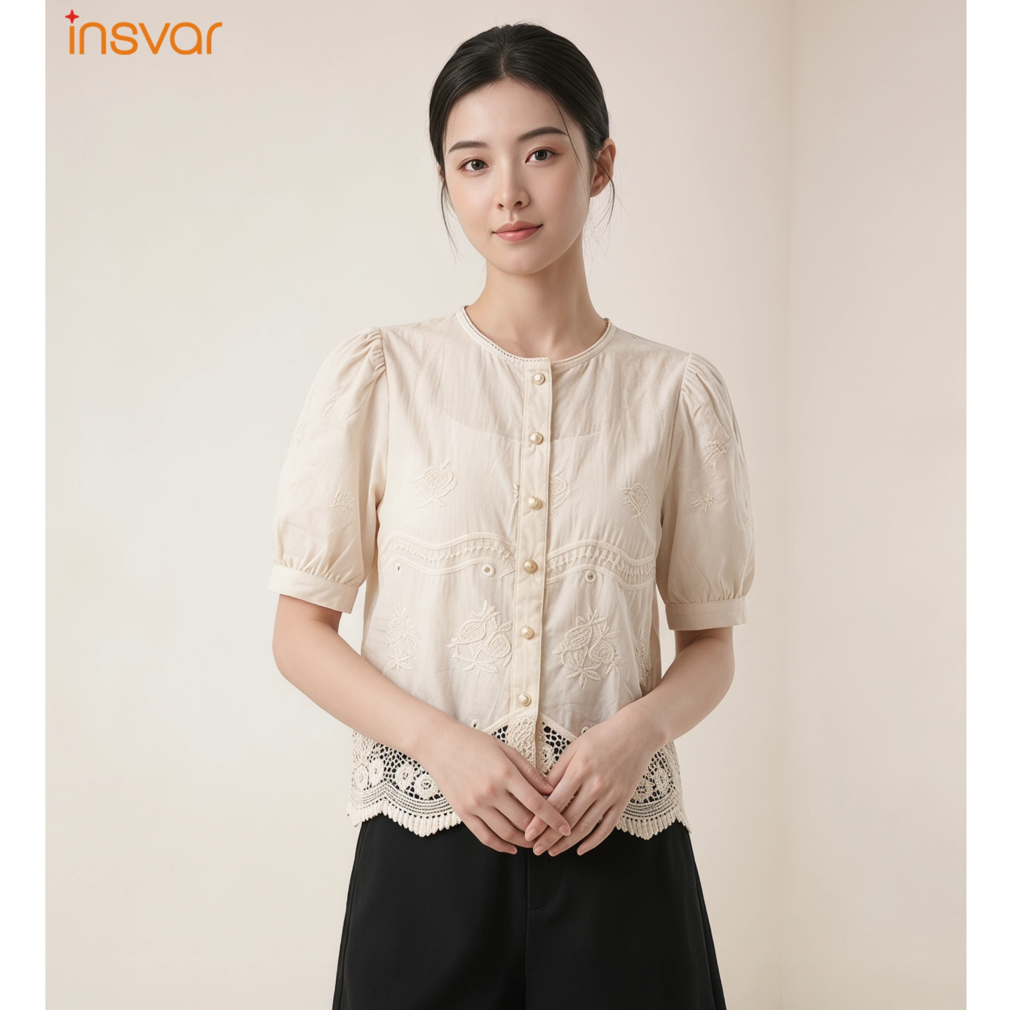 INSVAR纯棉泡泡袖刺绣显瘦衬衫