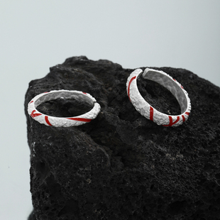 禾派 红绳肌理烧白银戒指情侣戒S925情人节小众高级感开口戒指