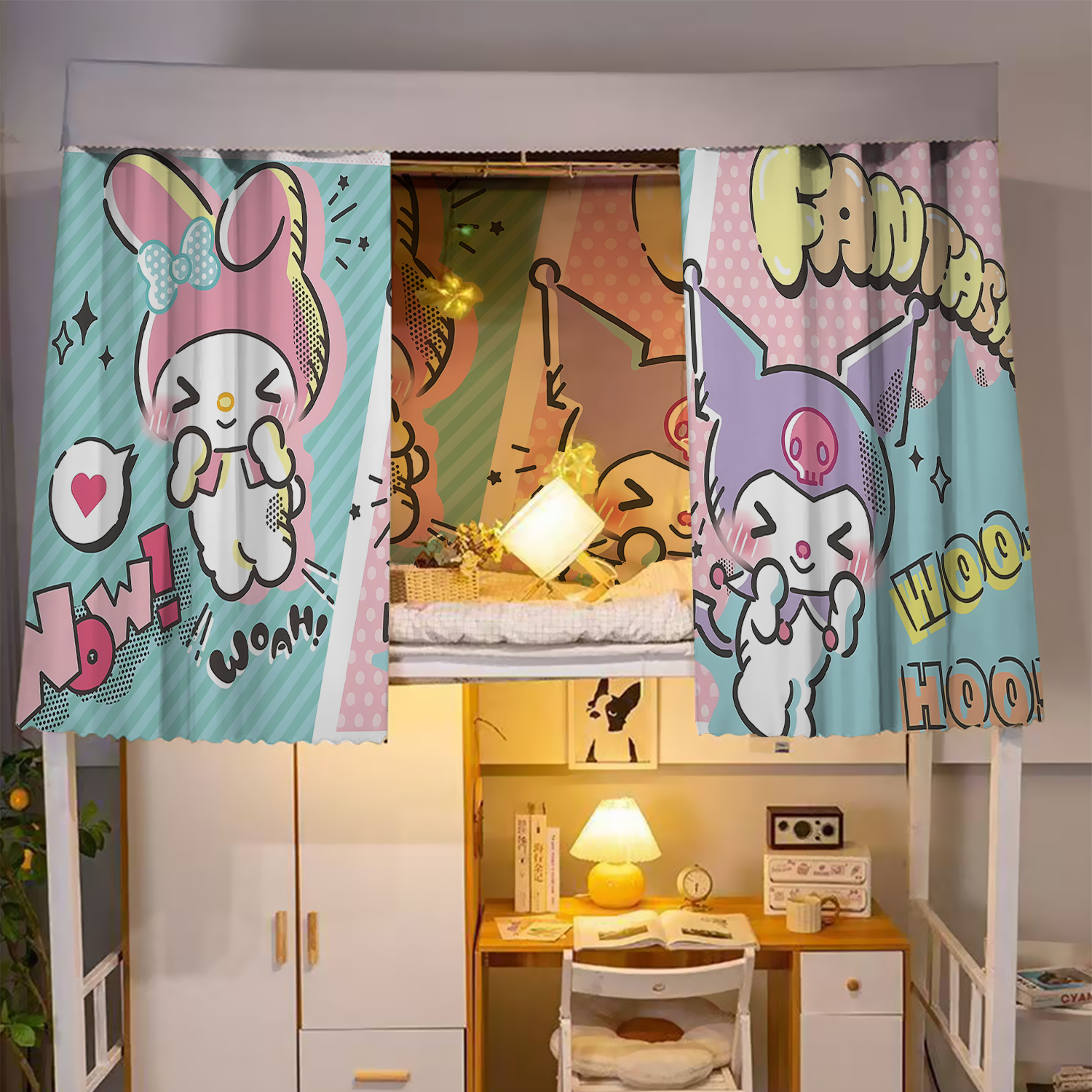 美乐蒂图库学生寝室卡通遮光加厚床帘宿舍上铺床幔纯布料带支架