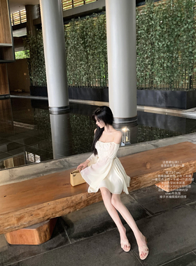 【五折清仓】仙仙设计感飘逸一字肩半裙荡领裙