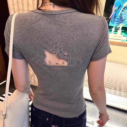 港风chic正肩复古灰色镂空Kitty短袖t恤女夏季超好看修身百搭上衣