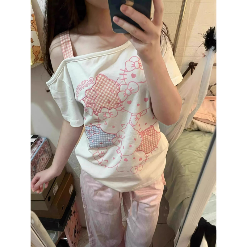甜美kt猫印花吊带斜领短袖t恤女2026夏季宽松显瘦不规则抽褶上衣