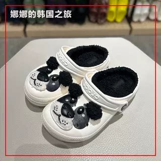 韩国代购Crocs洞洞鞋卡骆驰我是熊猫暖棉儿童亲子加绒拖鞋210400