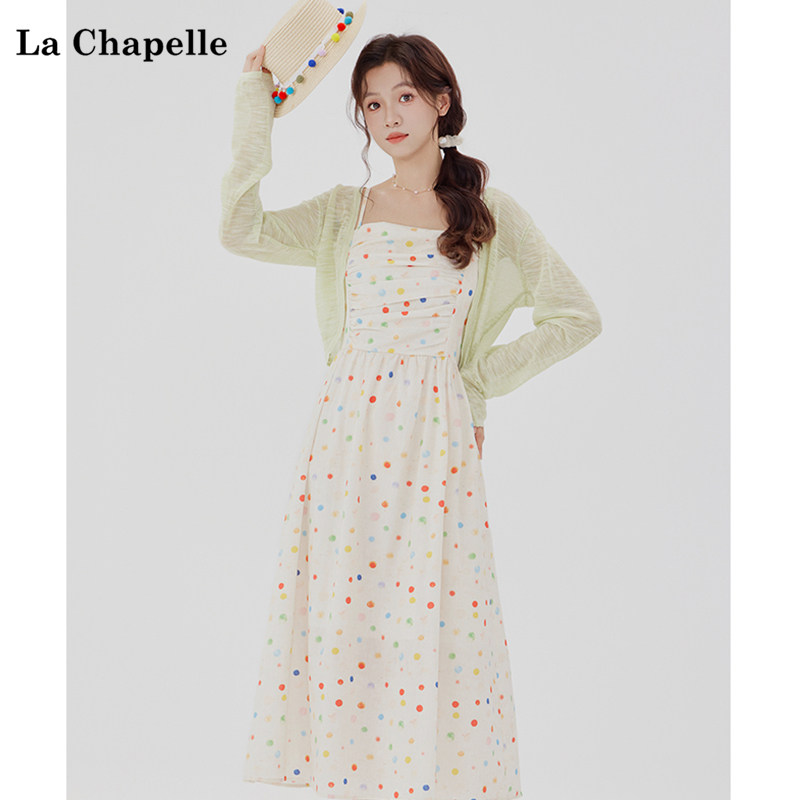 拉夏贝尔/La Chapelle2024年夏季新款通勤韩版圆点印花吊带连衣裙