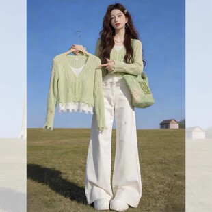 巨好看慵懒松弛绝美上衣 女2026春季 绿色假两件修身 内搭打底针织衫