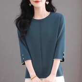 中袖 t恤打底衫 上衣女春夏薄款 宽松遮肚七分袖 妈妈装 桑蚕丝针织衫