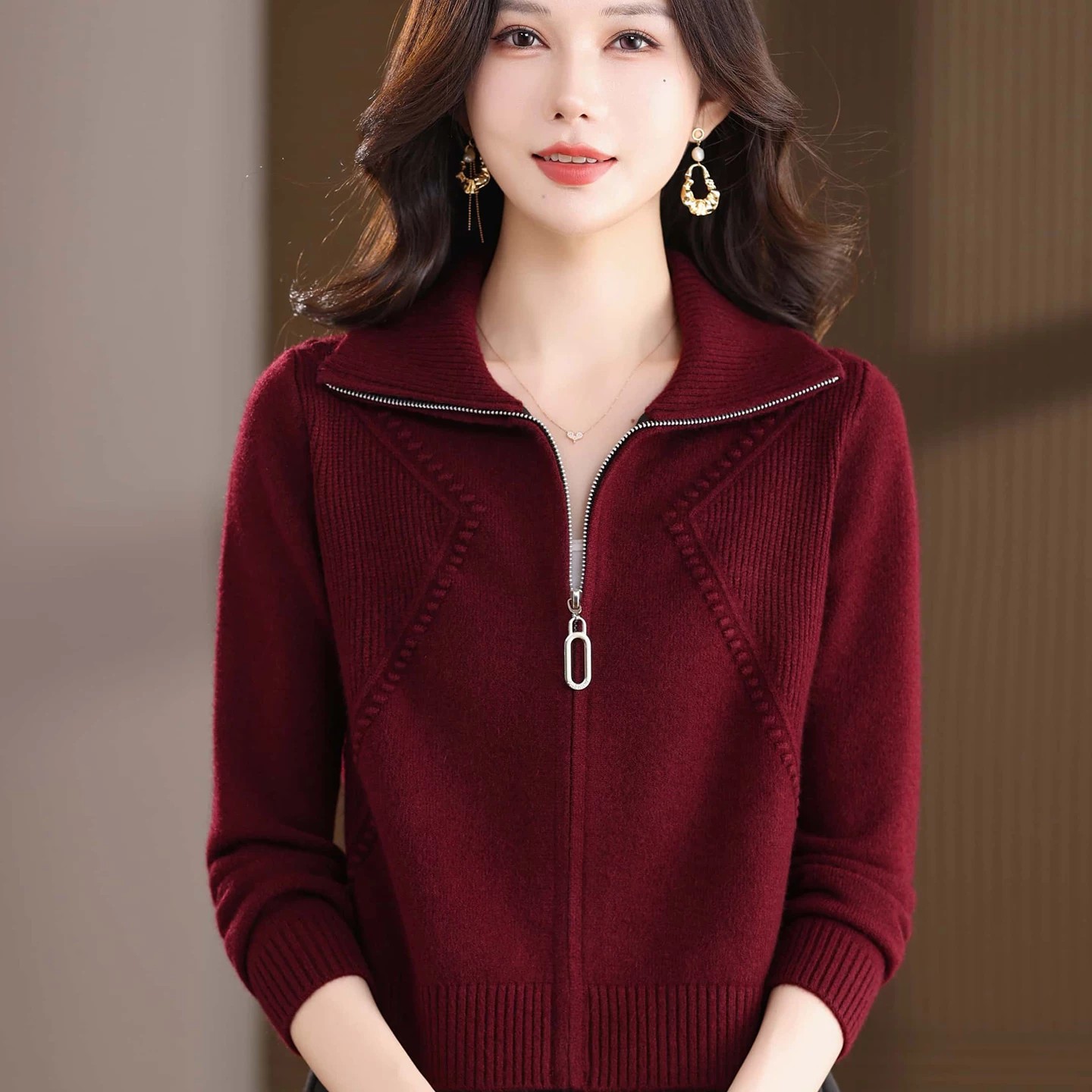 翻领拉链针织开衫女宽松毛衣外套