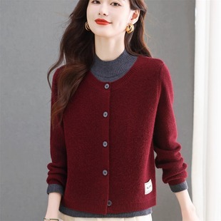 2025妈妈春秋款半高领假两件上衣服中老年女装洋气打底衫针织毛衣