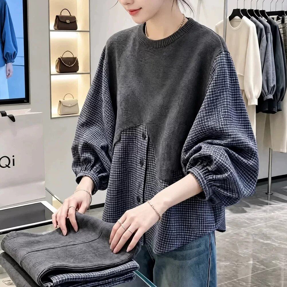 针织拼接格子衬衫女秋假两件上衣
