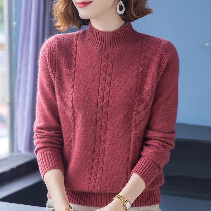 洋气妈妈秋冬新款加厚羊毛衫中老年羊绒打底衫宽松大码提花毛衣女