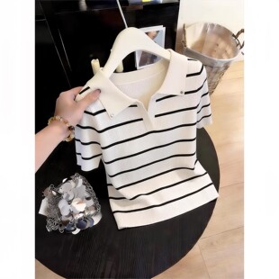 T恤女2026夏季 韩版 时尚 条纹拼接翻领短袖 超好看减龄穿搭上衣 新款