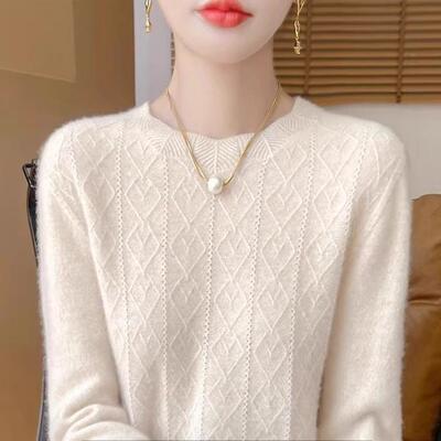 羊绒衫女2025年春秋新款圆领套头毛衣宽松纯色针织羊毛打底衫上衣