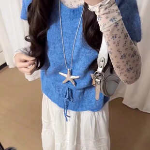 超显白！蓝色针织衫短袖上衣新款小飞袖收腰毛衣宽松韩式马甲叠穿