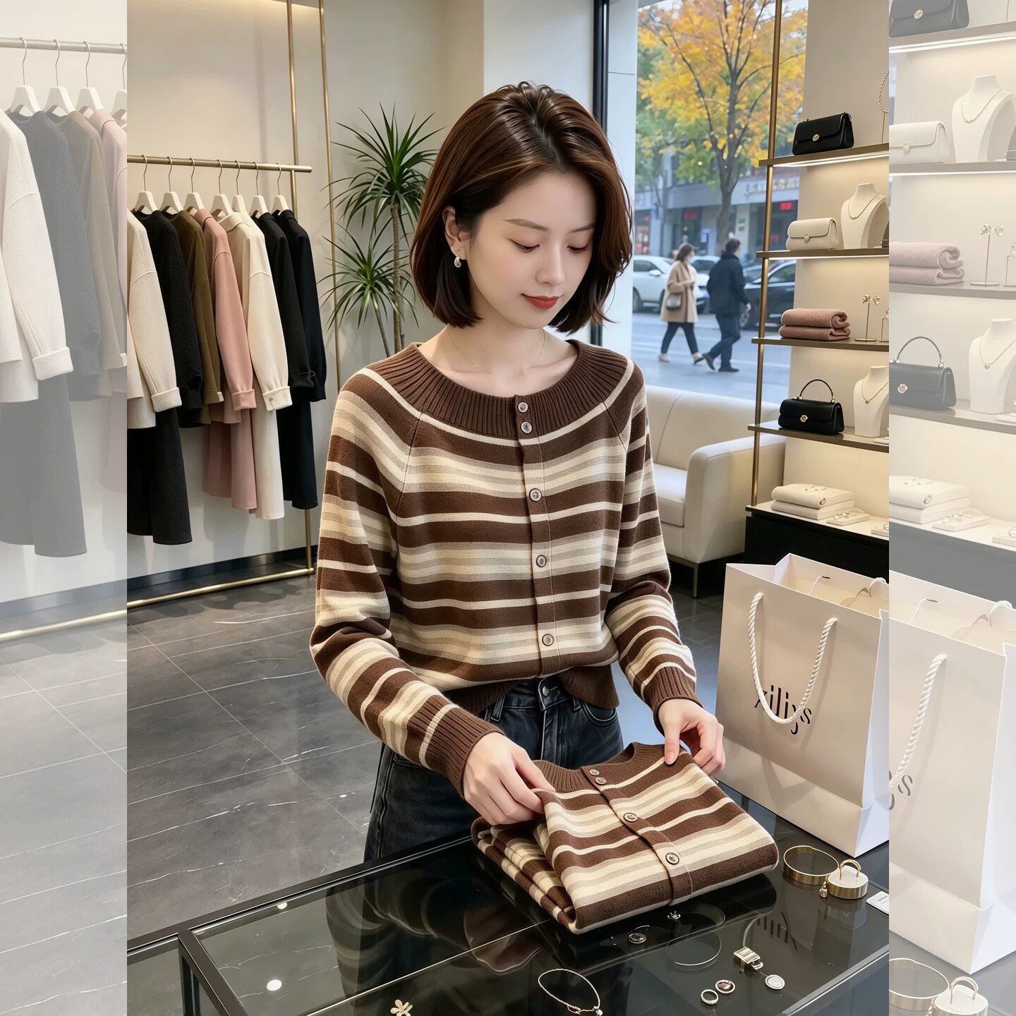 条纹一字领针织衫女秋新毛衣上衣
