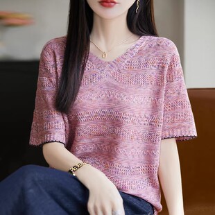 2026新款彩砂显瘦针织短袖t恤女夏季薄款冰丝针织衫大码女装上衣