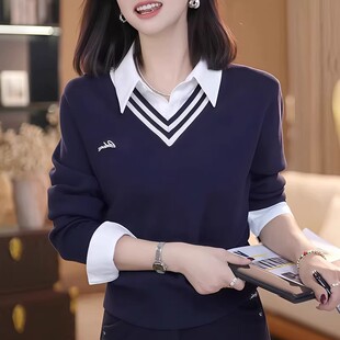 假两件POLO翻领长袖针织衫女2026春秋新款宽松显瘦高级感洋气上衣