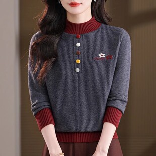 加厚羊毛衫女秋冬新款半高领针织打底衫宽松显瘦拼色保暖套头毛衣
