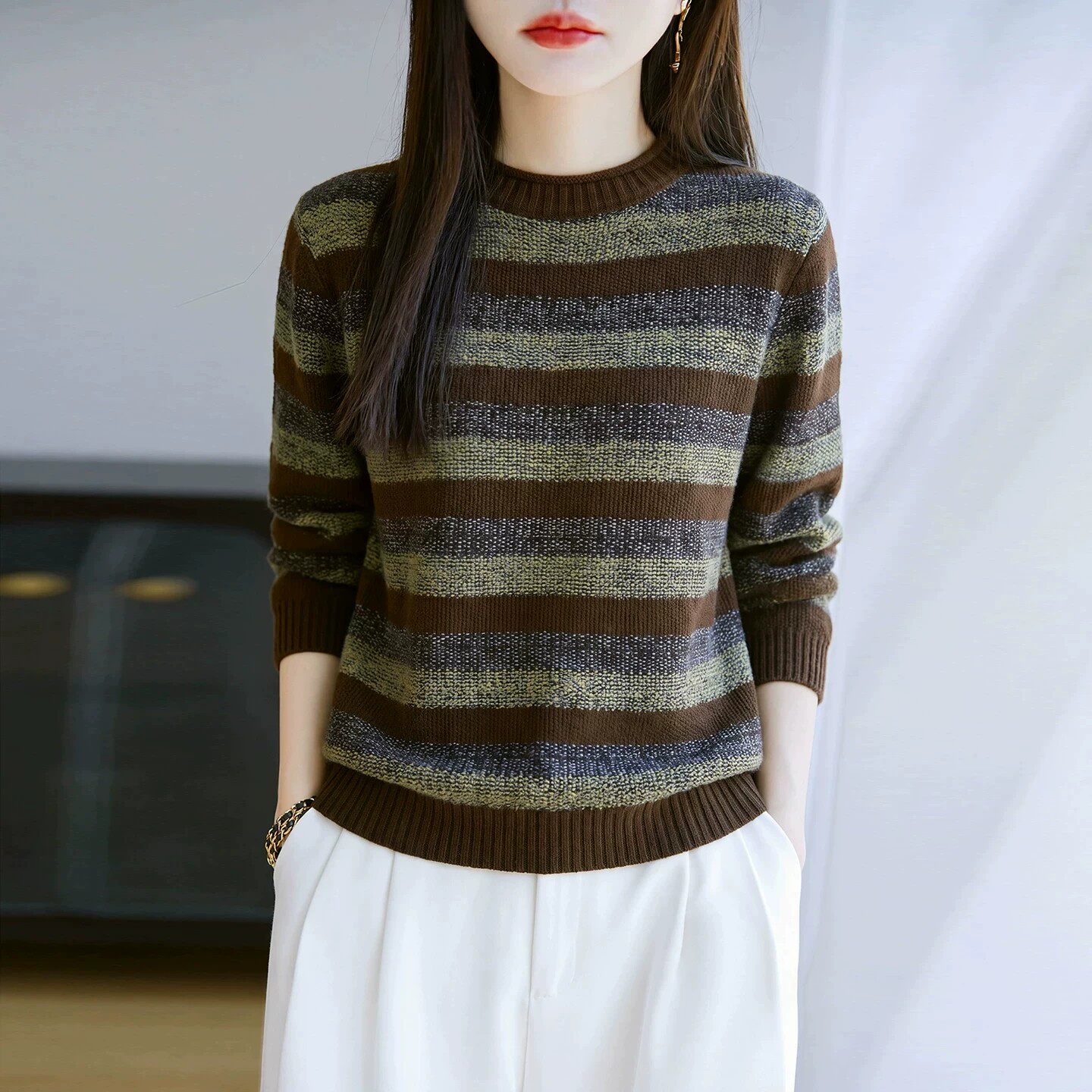 条纹圆领女新款针织衫加厚毛衣