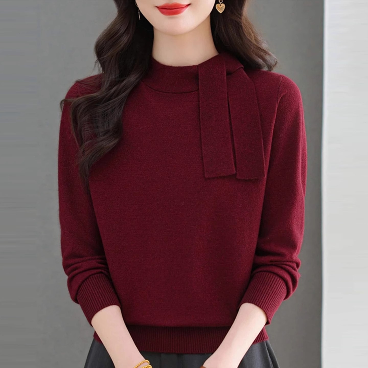 半高领秋冬新款设计感系带套头红色毛衣气质韩系针织打底衫上衣女