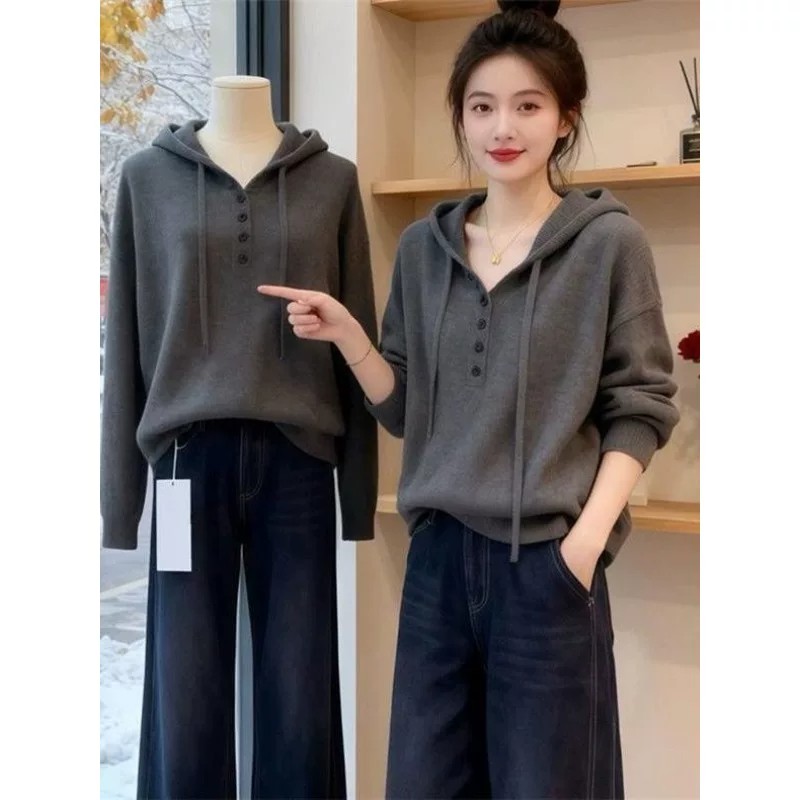 连帽针织衫女秋冬新款打底衫毛衣