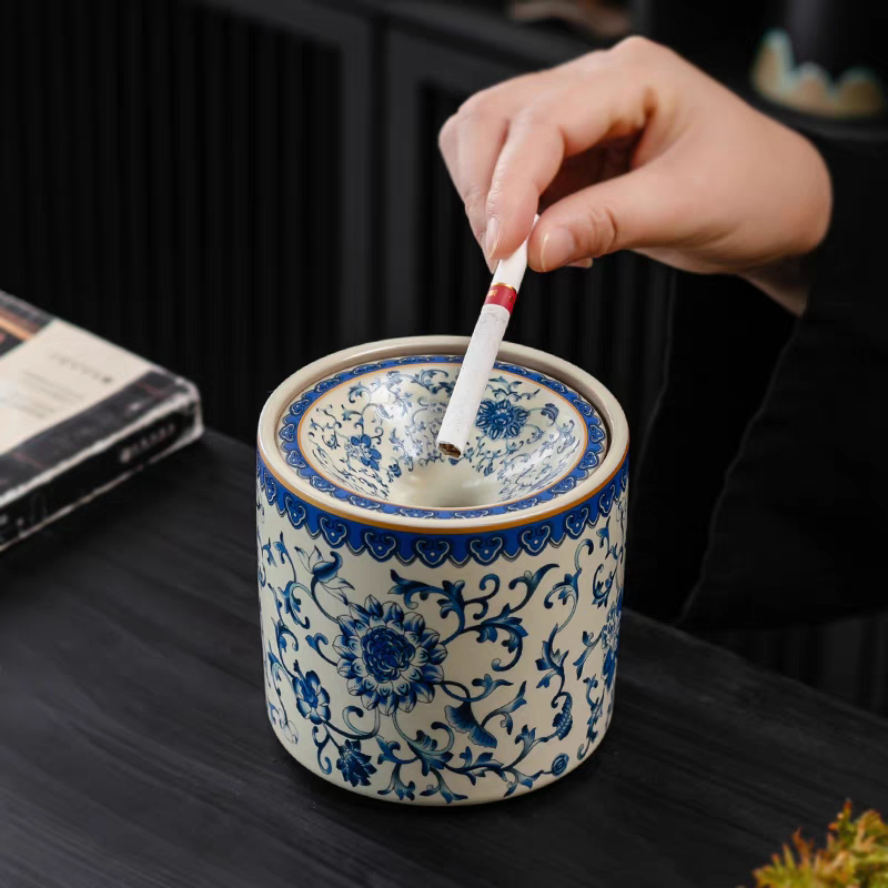 青花汝窑缠枝莲烟灰缸带盖防飞灰建水水盂茶洗陶瓷茶渣缸茶道配件