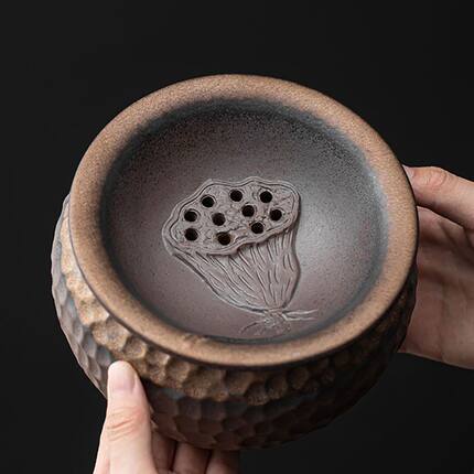 陶瓷盖子鎏金莲蓬茶渣缸家用建水茶洗废茶水桶粗陶茶道配件茶渣缸